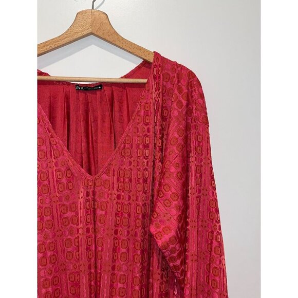 Zara Red Long Sleeve V-Neck 70's Retro Print midi Dress Women's Size M - Picture 3 of 9